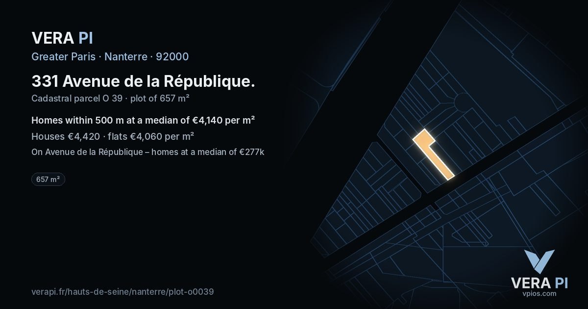 331 Avenue de la République, Nanterre at night – the plot lit, the parcels around coloured by the prices near them