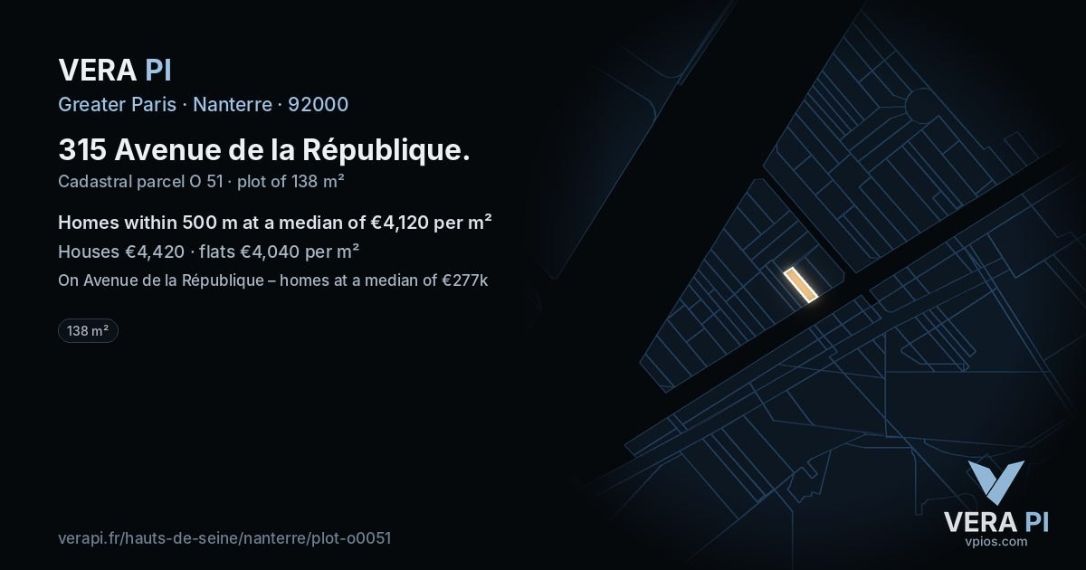 315 Avenue de la République, Nanterre at night – the plot lit, the parcels around coloured by the prices near them
