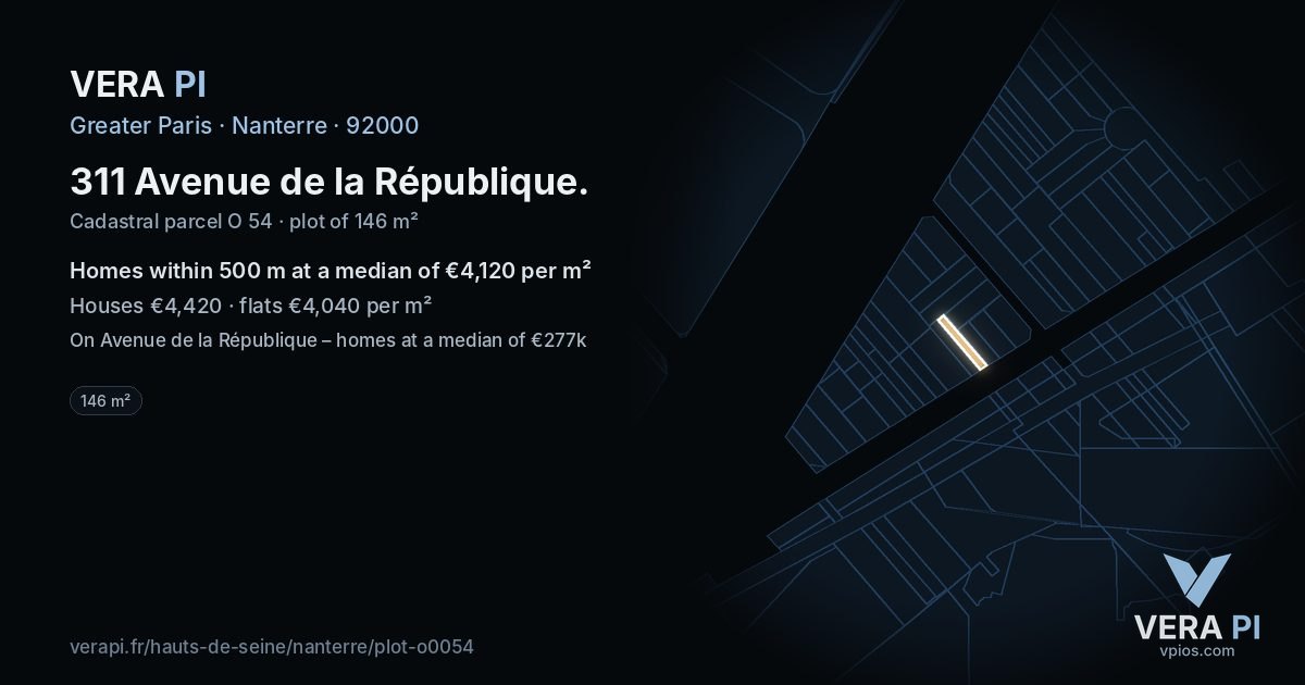 311 Avenue de la République, Nanterre at night – the plot lit, the parcels around coloured by the prices near them