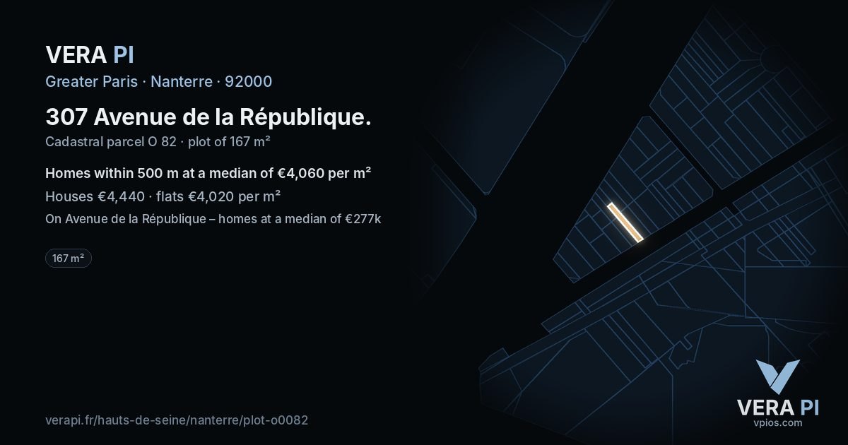 307 Avenue de la République, Nanterre at night – the plot lit, the parcels around coloured by the prices near them