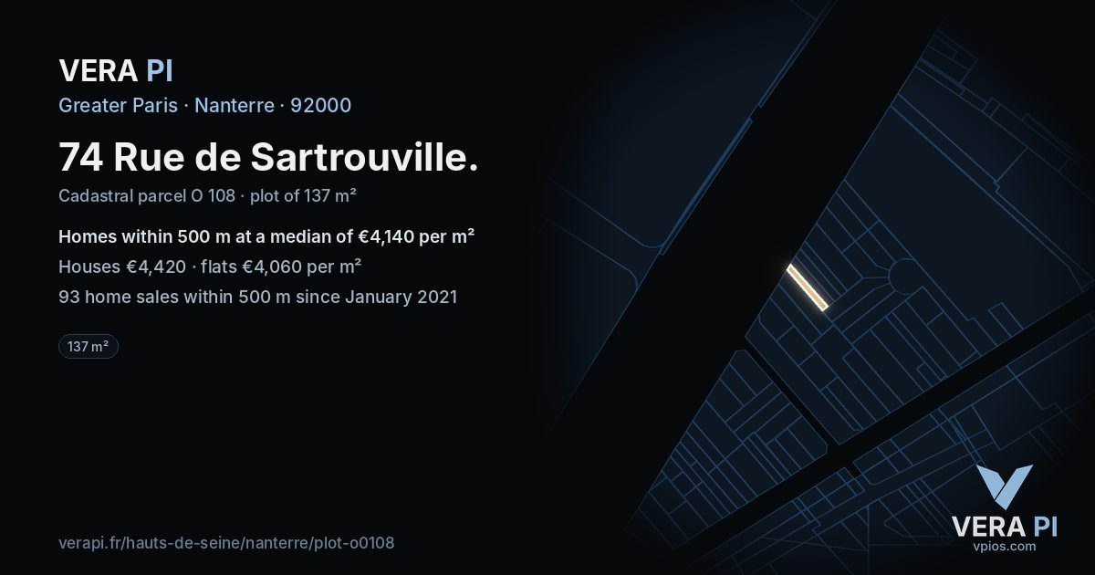 74 Rue de Sartrouville, Nanterre at night – the plot lit, the parcels around coloured by the prices near them