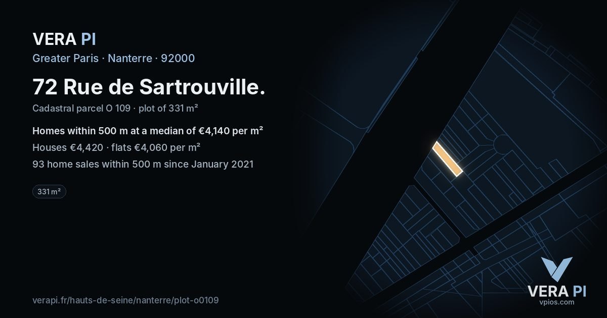 72 Rue de Sartrouville, Nanterre at night – the plot lit, the parcels around coloured by the prices near them