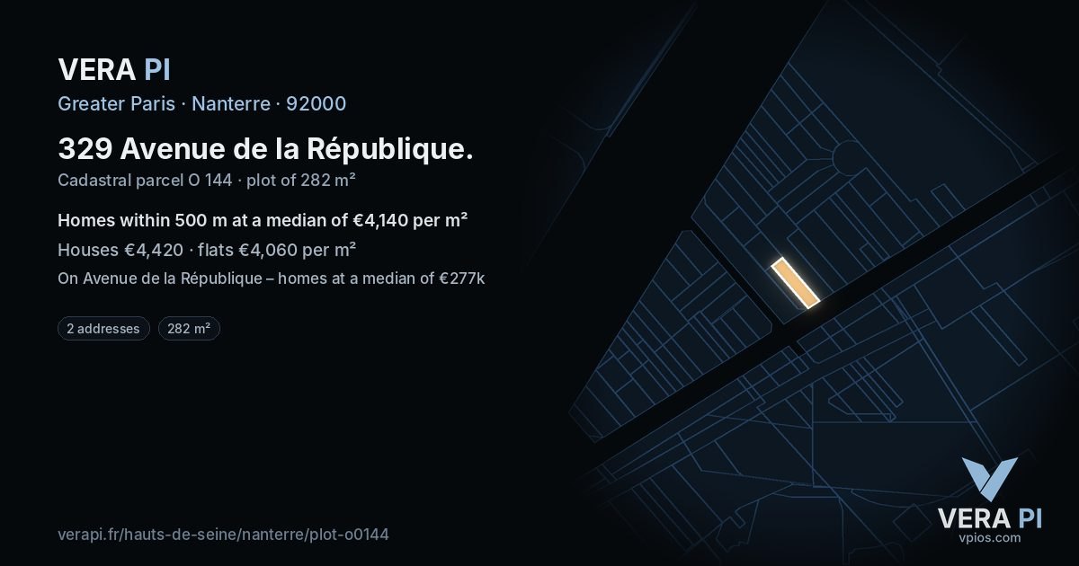 329 Avenue de la République, Nanterre at night – the plot lit, the parcels around coloured by the prices near them