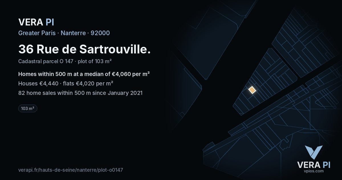 36 Rue de Sartrouville, Nanterre at night – the plot lit, the parcels around coloured by the prices near them