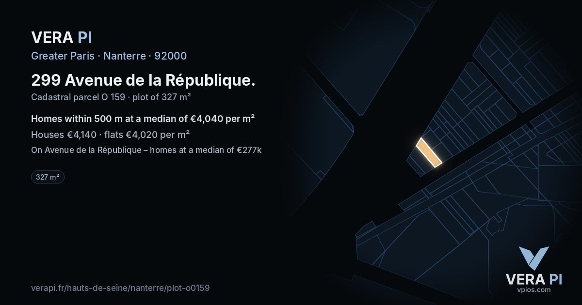 299 Avenue de la République, Nanterre at night – the plot lit, the parcels around coloured by the prices near them
