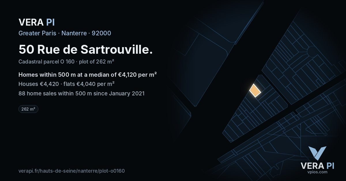 50 Rue de Sartrouville, Nanterre at night – the plot lit, the parcels around coloured by the prices near them