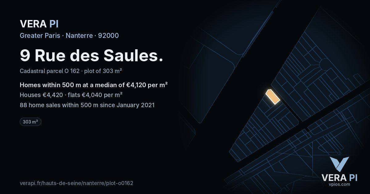 9 Rue des Saules, Nanterre at night – the plot lit, the parcels around coloured by the prices near them