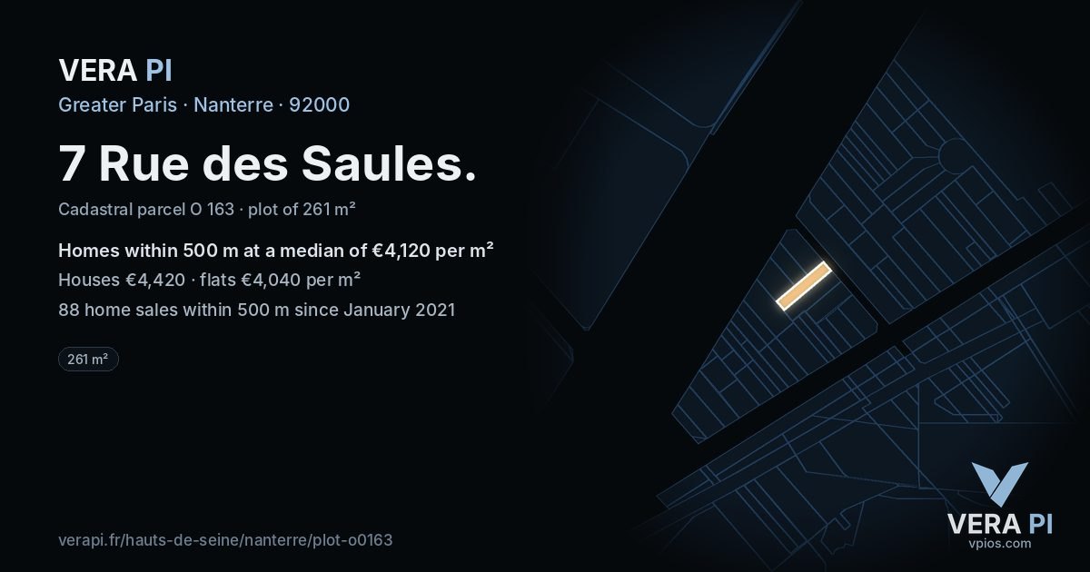 7 Rue des Saules, Nanterre at night – the plot lit, the parcels around coloured by the prices near them
