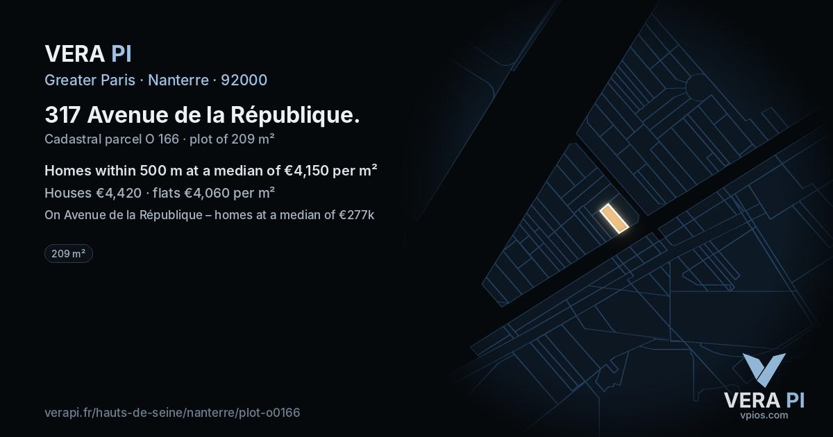 317 Avenue de la République, Nanterre at night – the plot lit, the parcels around coloured by the prices near them