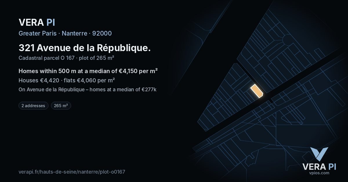 321 Avenue de la République, Nanterre at night – the plot lit, the parcels around coloured by the prices near them