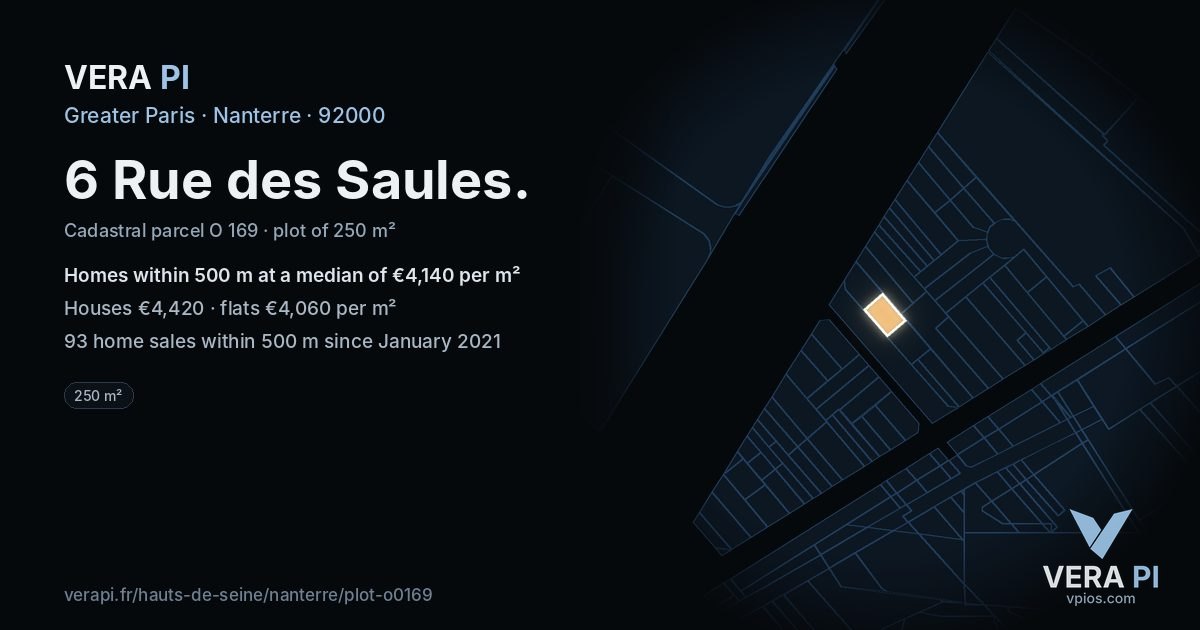 6 Rue des Saules, Nanterre at night – the plot lit, the parcels around coloured by the prices near them