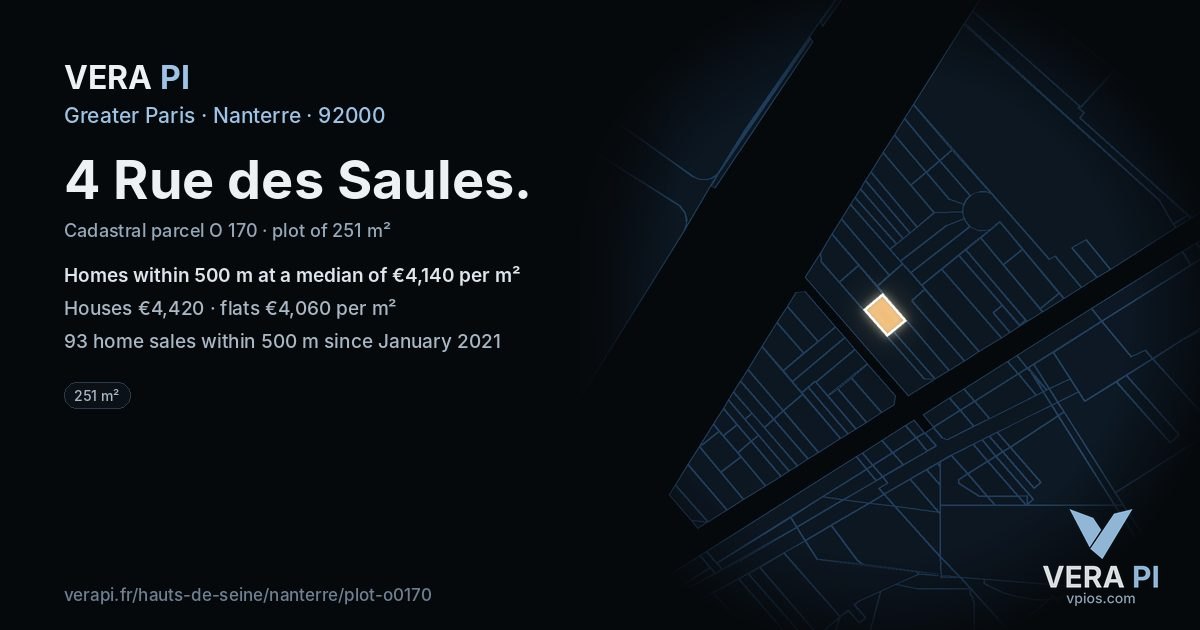 4 Rue des Saules, Nanterre at night – the plot lit, the parcels around coloured by the prices near them