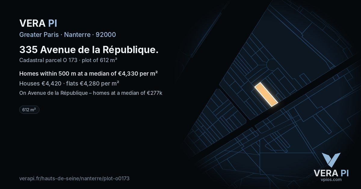 335 Avenue de la République, Nanterre at night – the plot lit, the parcels around coloured by the prices near them