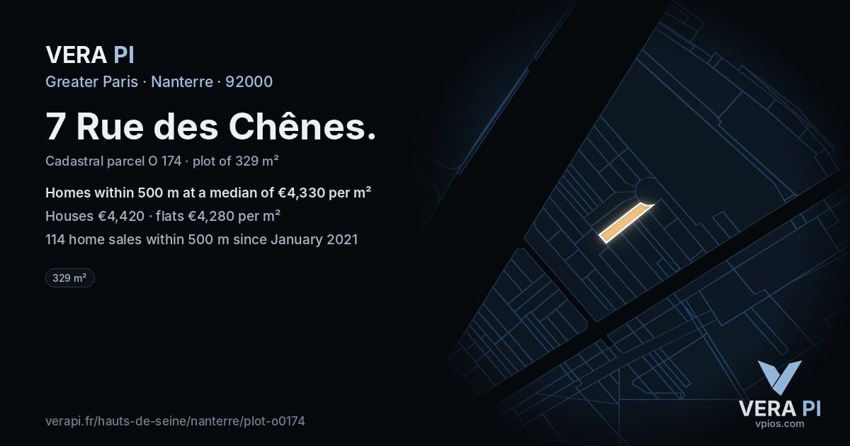 7 Rue des Chênes, Nanterre at night – the plot lit, the parcels around coloured by the prices near them