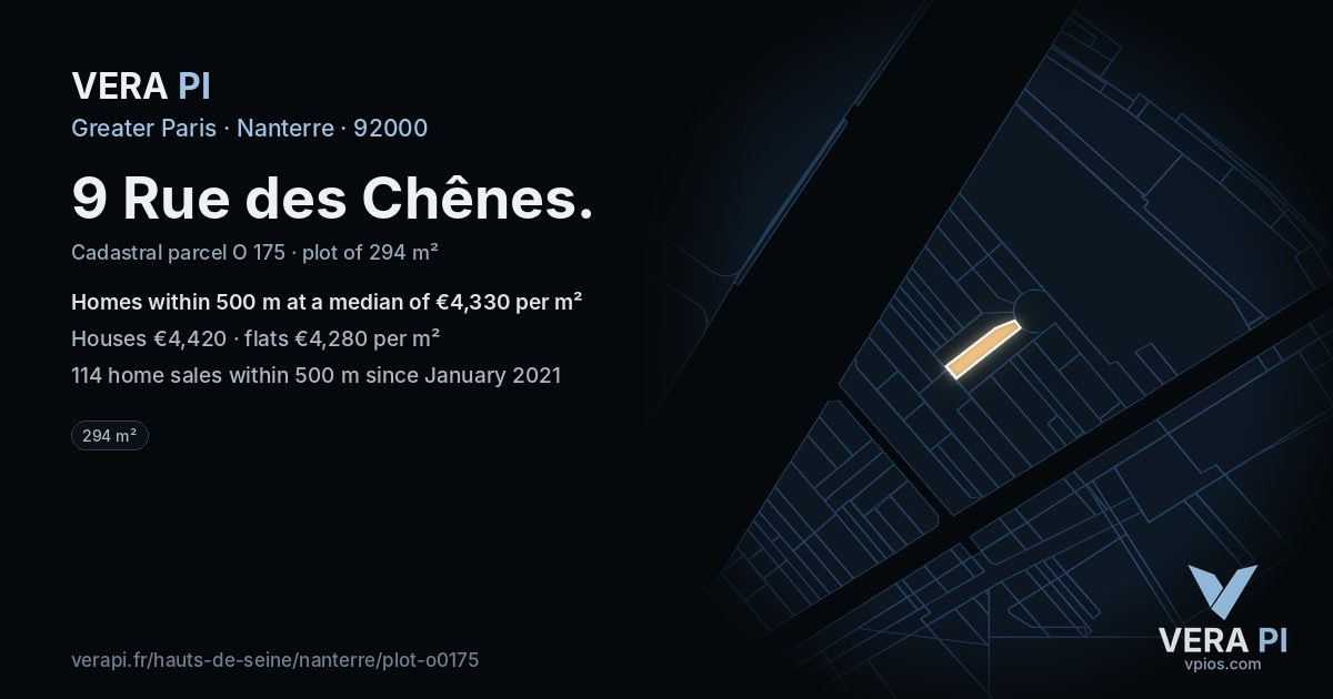 9 Rue des Chênes, Nanterre at night – the plot lit, the parcels around coloured by the prices near them