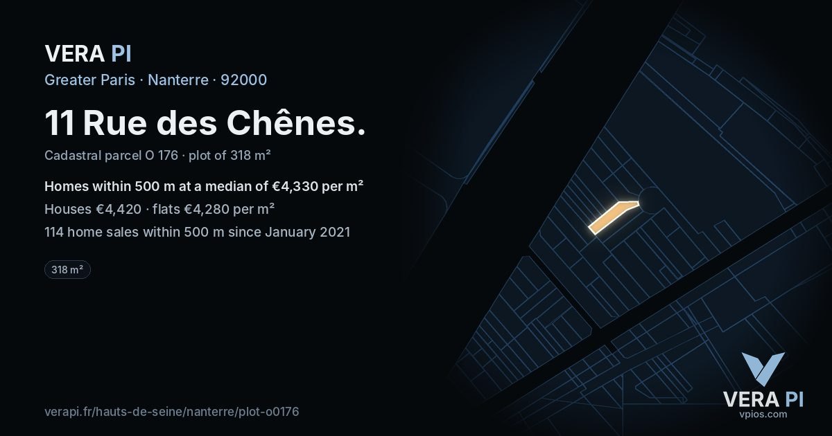 11 Rue des Chênes, Nanterre at night – the plot lit, the parcels around coloured by the prices near them
