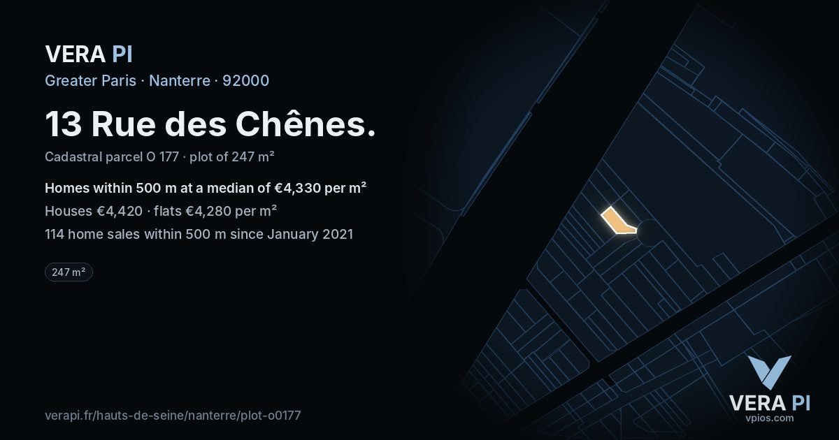 13 Rue des Chênes, Nanterre at night – the plot lit, the parcels around coloured by the prices near them