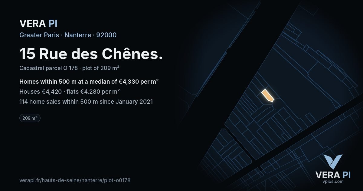15 Rue des Chênes, Nanterre at night – the plot lit, the parcels around coloured by the prices near them
