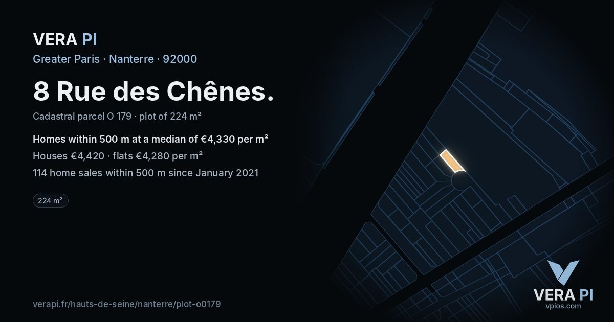 8 Rue des Chênes, Nanterre at night – the plot lit, the parcels around coloured by the prices near them