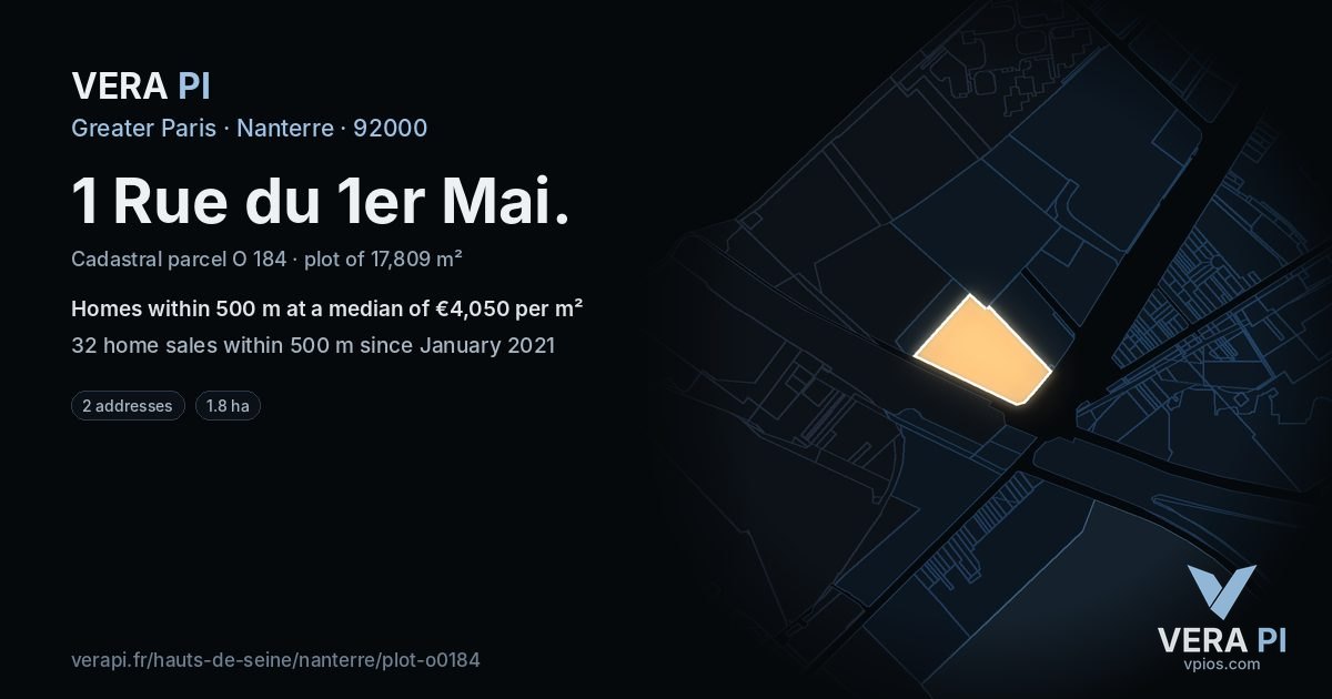 1 Rue du 1er Mai, Nanterre at night – the plot lit, the parcels around coloured by the prices near them