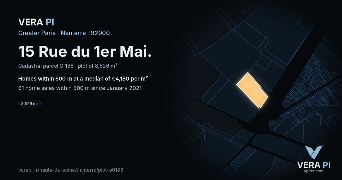 15 Rue du 1er Mai, Nanterre at night – the plot lit, the parcels around coloured by the prices near them