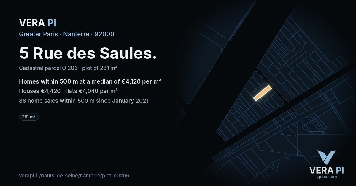 5 Rue des Saules, Nanterre at night – the plot lit, the parcels around coloured by the prices near them