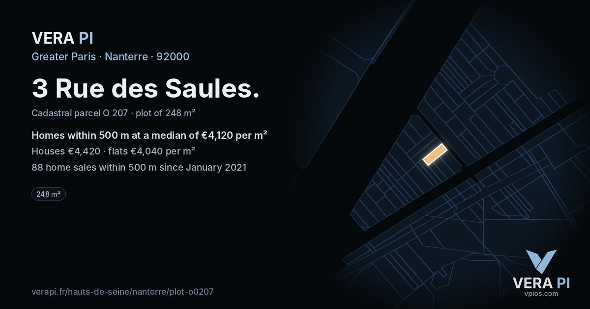 3 Rue des Saules, Nanterre at night – the plot lit, the parcels around coloured by the prices near them