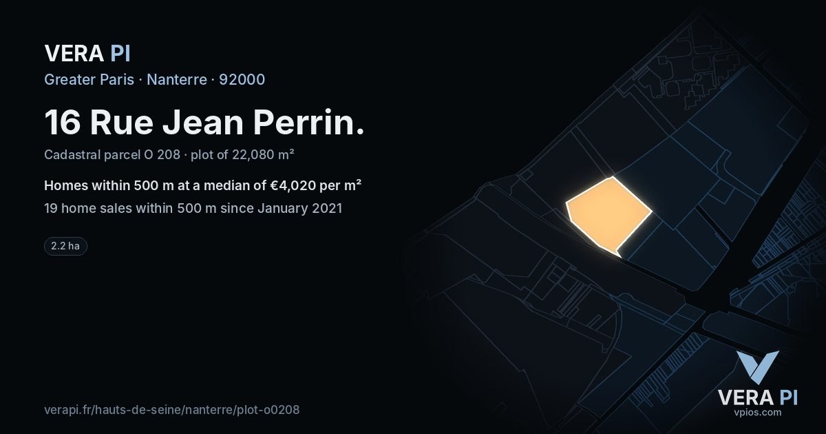 16 Rue Jean Perrin, Nanterre at night – the plot lit, the parcels around coloured by the prices near them