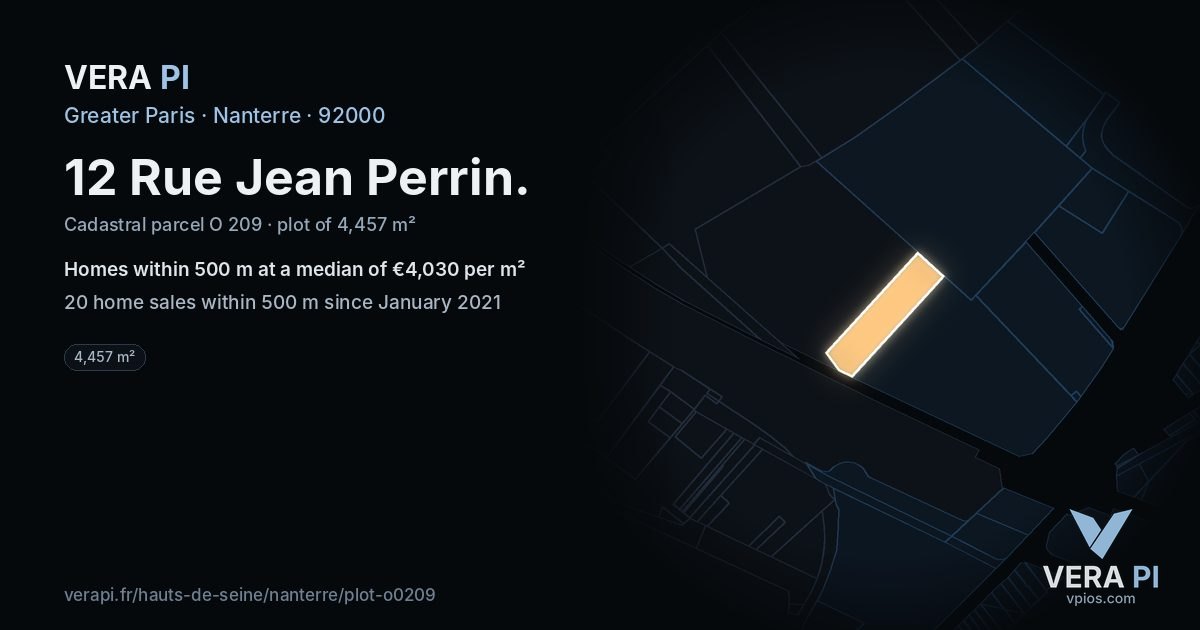 12 Rue Jean Perrin, Nanterre at night – the plot lit, the parcels around coloured by the prices near them