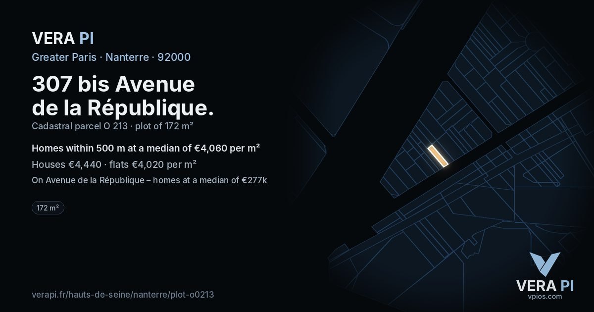 307 bis Avenue de la République, Nanterre at night – the plot lit, the parcels around coloured by the prices near them
