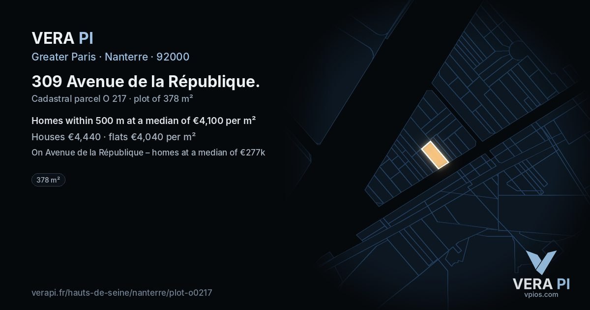 309 Avenue de la République, Nanterre at night – the plot lit, the parcels around coloured by the prices near them