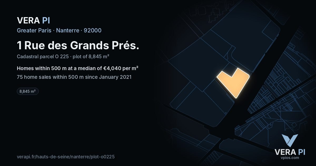 1 Rue des Grands Prés, Nanterre at night – the plot lit, the parcels around coloured by the prices near them