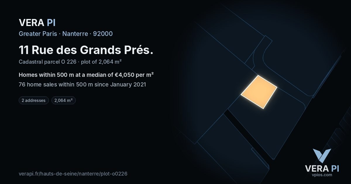 11 Rue des Grands Prés, Nanterre at night – the plot lit, the parcels around coloured by the prices near them