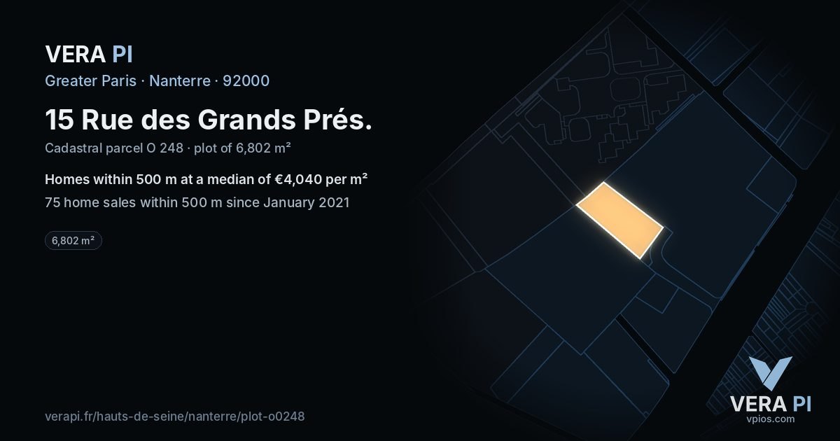 15 Rue des Grands Prés, Nanterre at night – the plot lit, the parcels around coloured by the prices near them