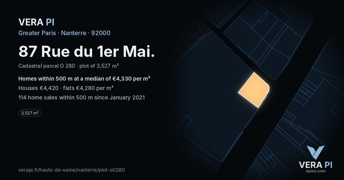 87 Rue du 1er Mai, Nanterre at night – the plot lit, the parcels around coloured by the prices near them