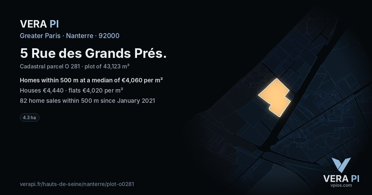 5 Rue des Grands Prés, Nanterre at night – the plot lit, the parcels around coloured by the prices near them