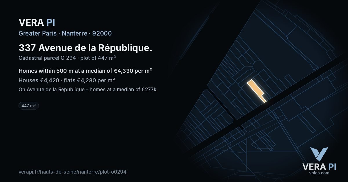 337 Avenue de la République, Nanterre at night – the plot lit, the parcels around coloured by the prices near them