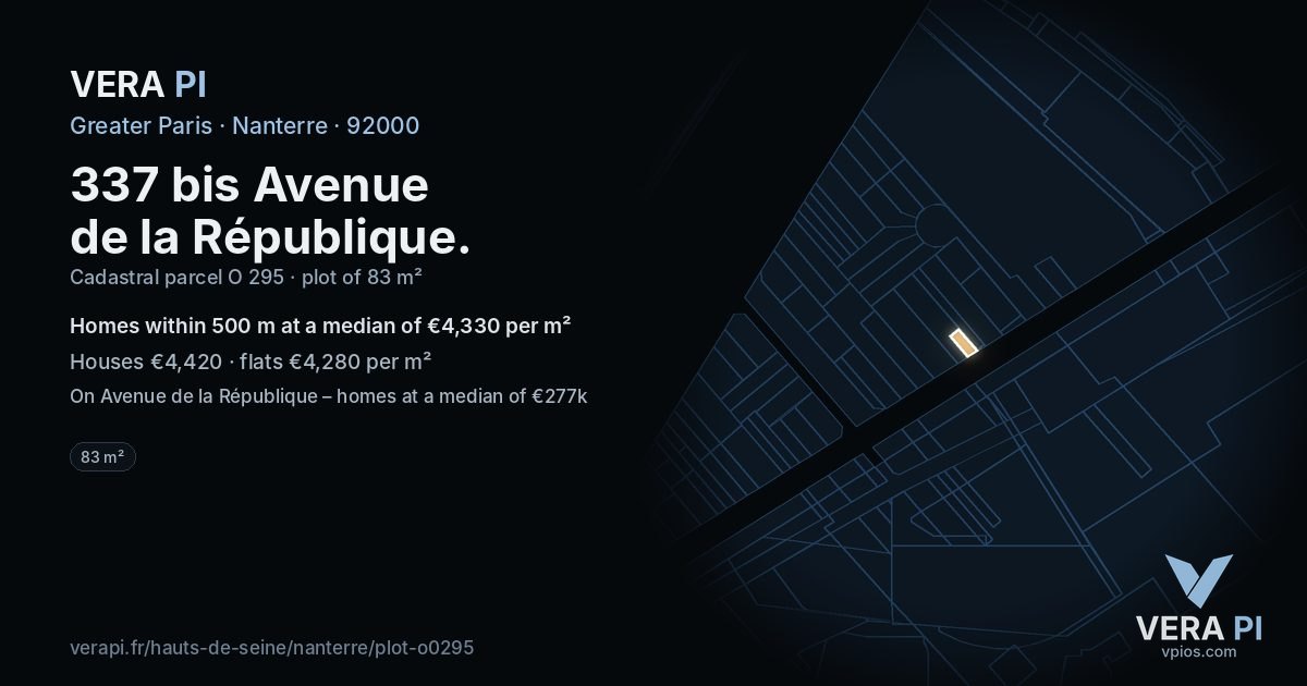 337 bis Avenue de la République, Nanterre at night – the plot lit, the parcels around coloured by the prices near them