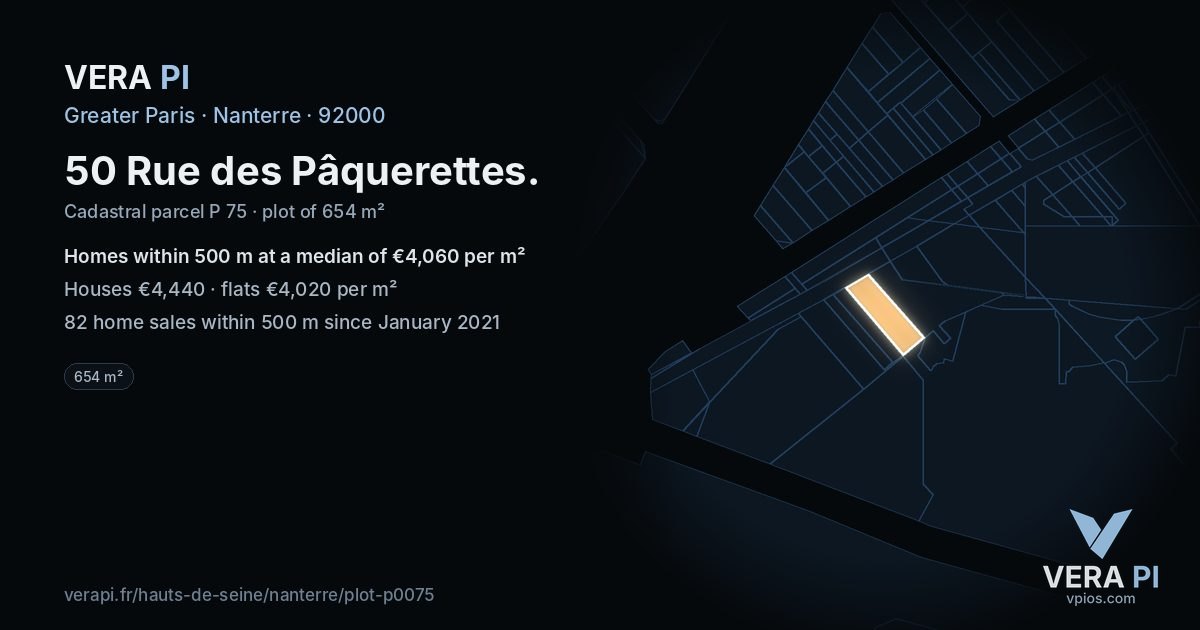 50 Rue des Pâquerettes, Nanterre at night – the plot lit, the parcels around coloured by the prices near them