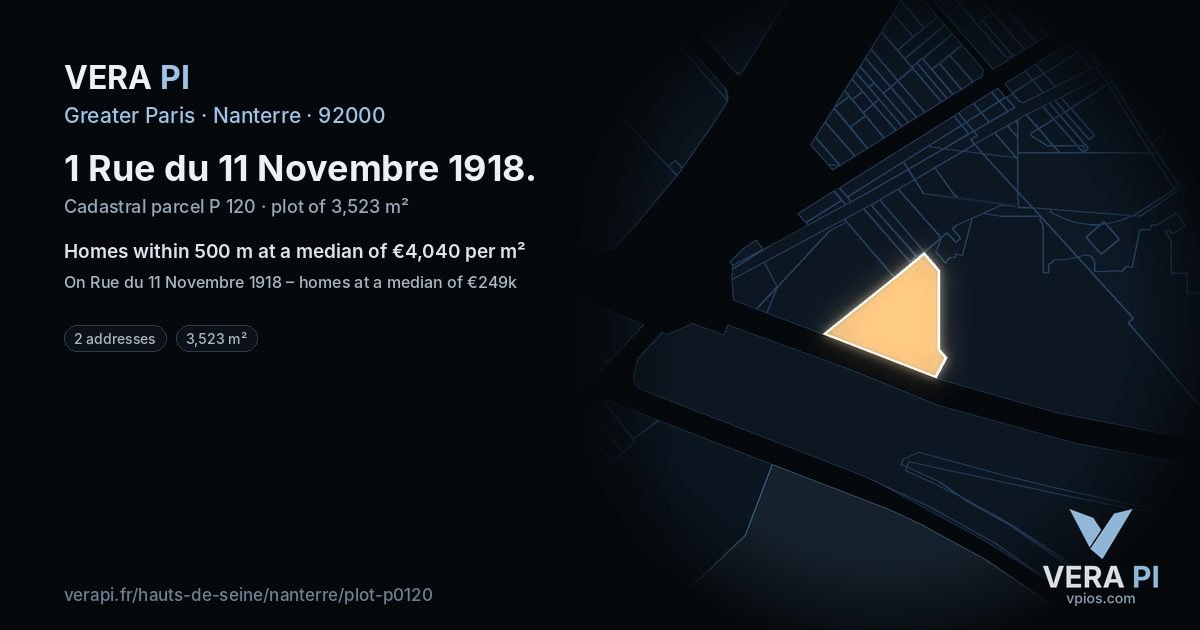 1 Rue du 11 Novembre 1918, Nanterre at night – the plot lit, the parcels around coloured by the prices near them