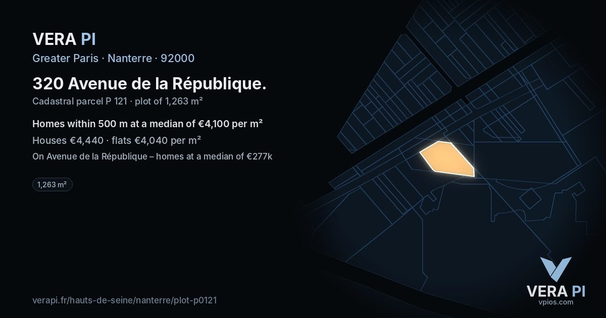 320 Avenue de la République, Nanterre at night – the plot lit, the parcels around coloured by the prices near them