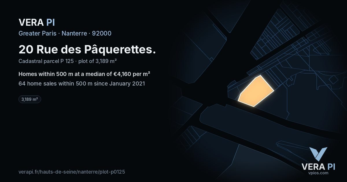 20 Rue des Pâquerettes, Nanterre at night – the plot lit, the parcels around coloured by the prices near them