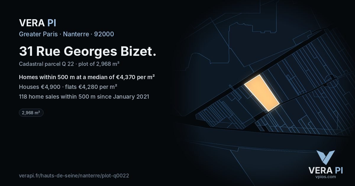 31 Rue Georges Bizet, Nanterre at night – the plot lit, the parcels around coloured by the prices near them