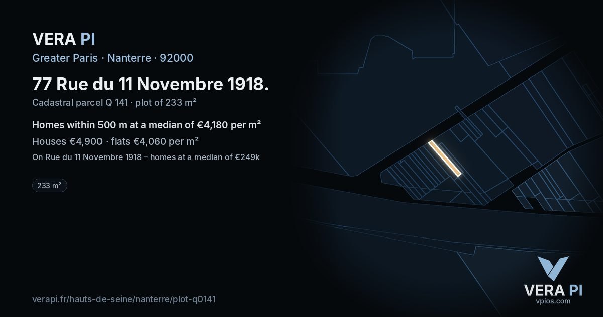 77 Rue du 11 Novembre 1918, Nanterre at night – the plot lit, the parcels around coloured by the prices near them