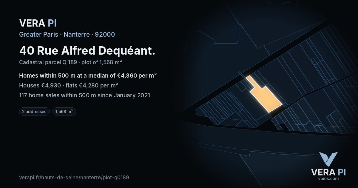 40 Rue Alfred Dequéant, Nanterre at night – the plot lit, the parcels around coloured by the prices near them
