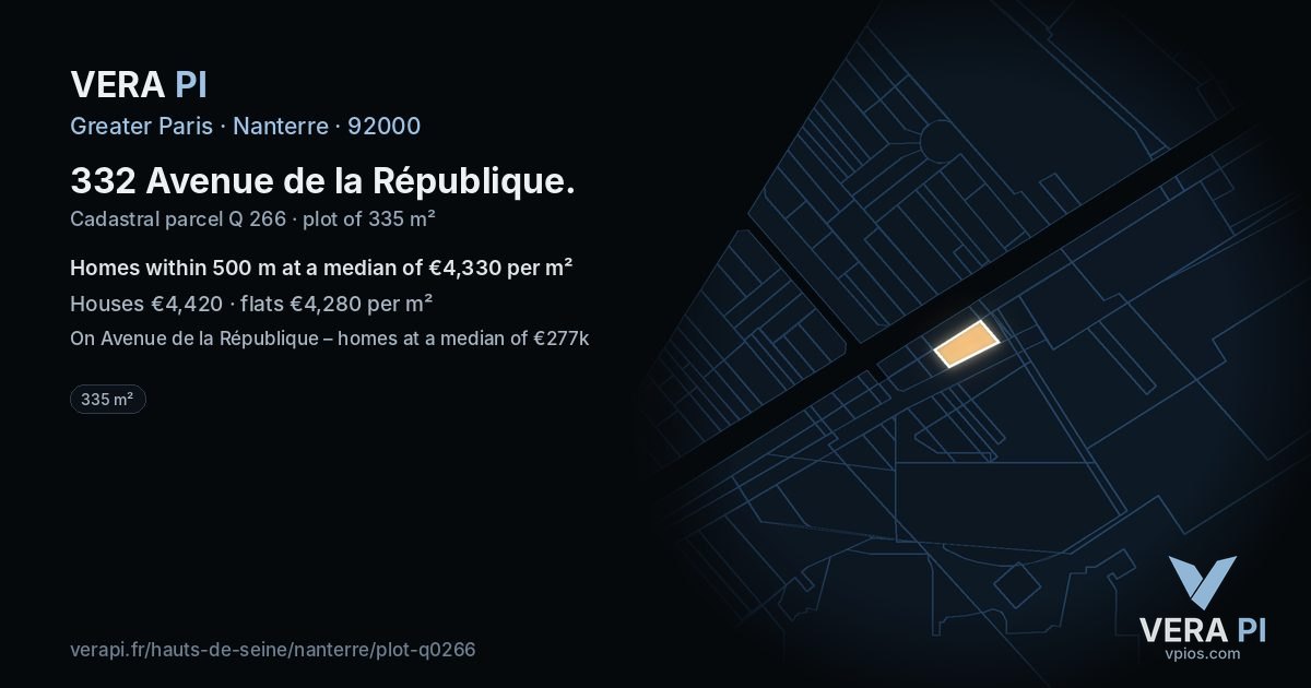 332 Avenue de la République, Nanterre at night – the plot lit, the parcels around coloured by the prices near them