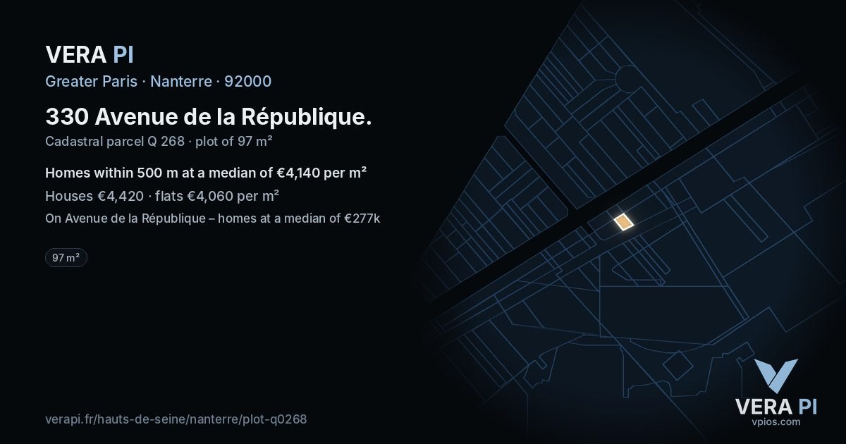330 Avenue de la République, Nanterre at night – the plot lit, the parcels around coloured by the prices near them