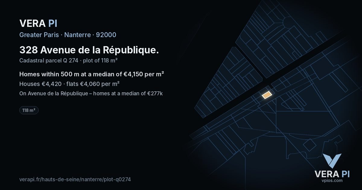 328 Avenue de la République, Nanterre at night – the plot lit, the parcels around coloured by the prices near them