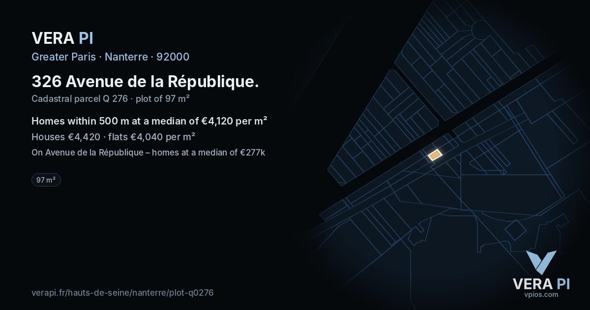 326 Avenue de la République, Nanterre at night – the plot lit, the parcels around coloured by the prices near them