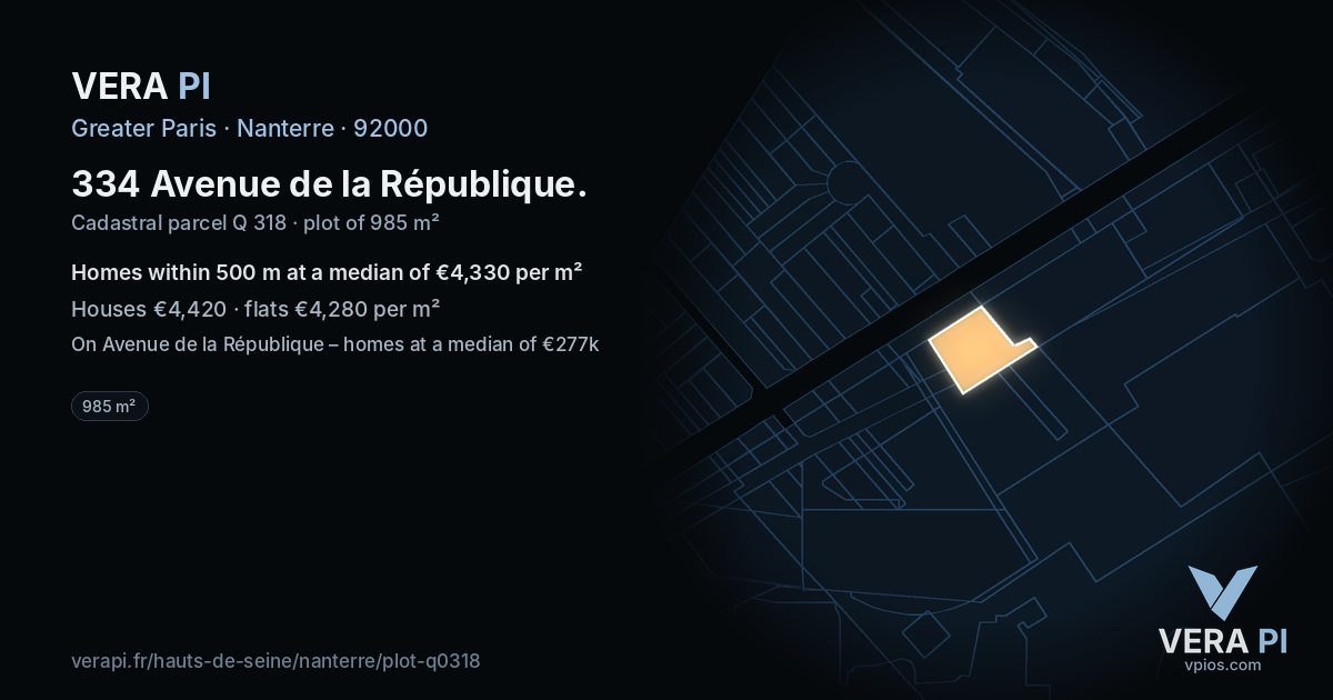 334 Avenue de la République, Nanterre at night – the plot lit, the parcels around coloured by the prices near them